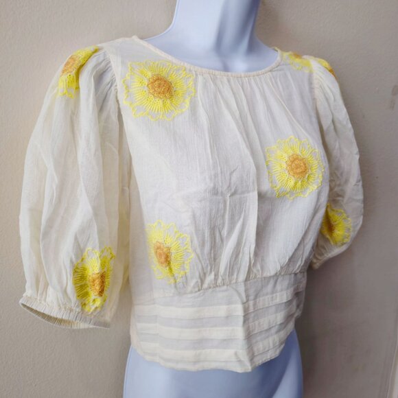 Free People My Girl Sunflower White Cotton Blouse Puff Sleeves & Back Button S - Picture 5 of 14